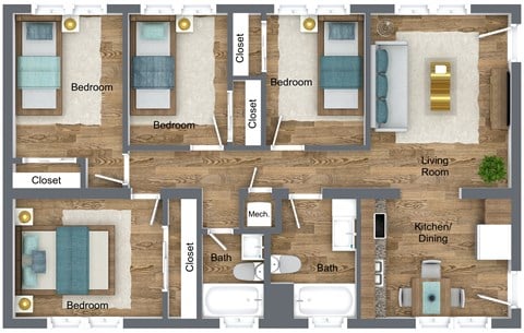Floor plan for 4 beds, 2 baths, 983 sqft